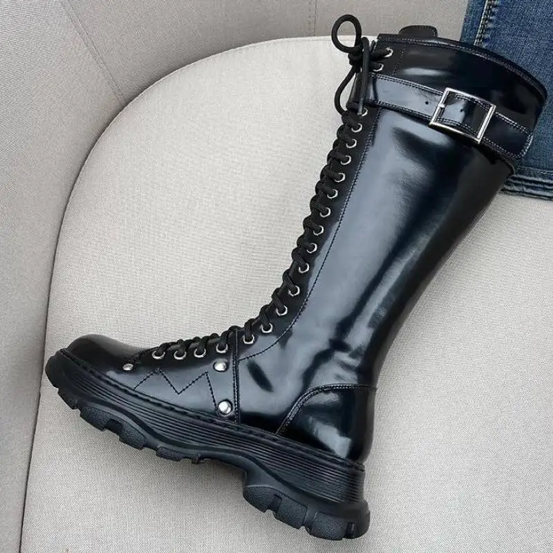 

Women Knight Boots Women High Boots PU Solid Color Warm Waterproof Non slip Bandage Side Zipper Waterproof Thick Sole