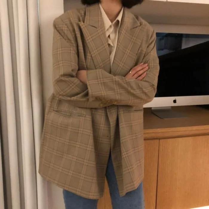 Женский клетчатый Блейзер свободный пиджак средней длины в стиле ретро