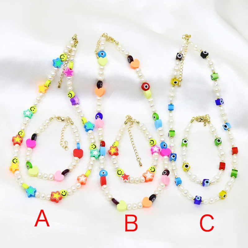 

3 Set Jewelry Beaded chain Pearls chain neclace and bracelets for women MIx color jewelry Set 9945