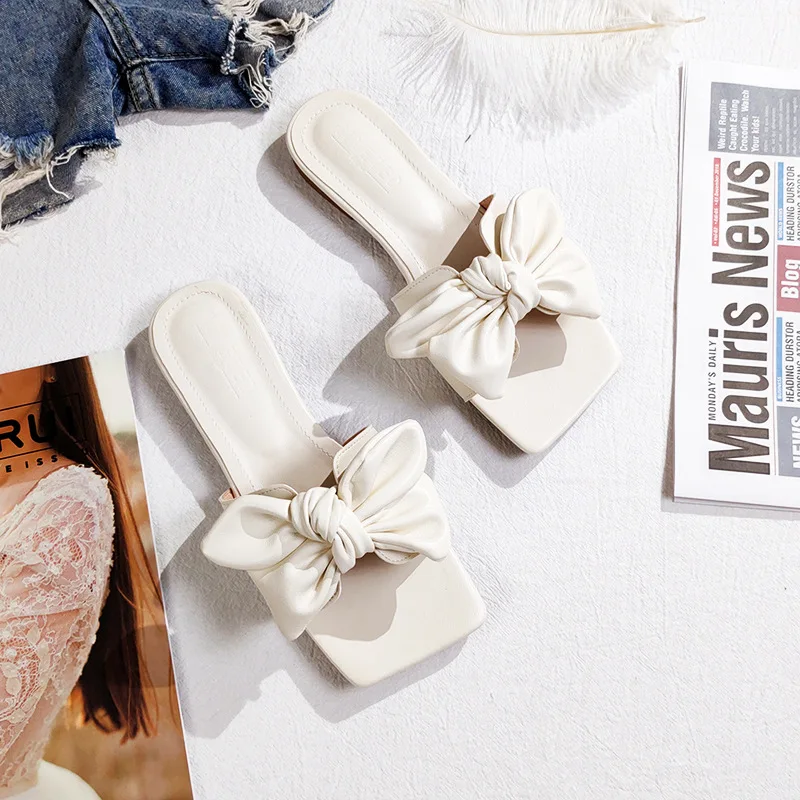 

Square Toe Female Shoes Ladies' Slippers Low Butterfly-Knot Big Size 2021 Summer Flat Butterfly-knot PU Synthetic Slides Hoof He