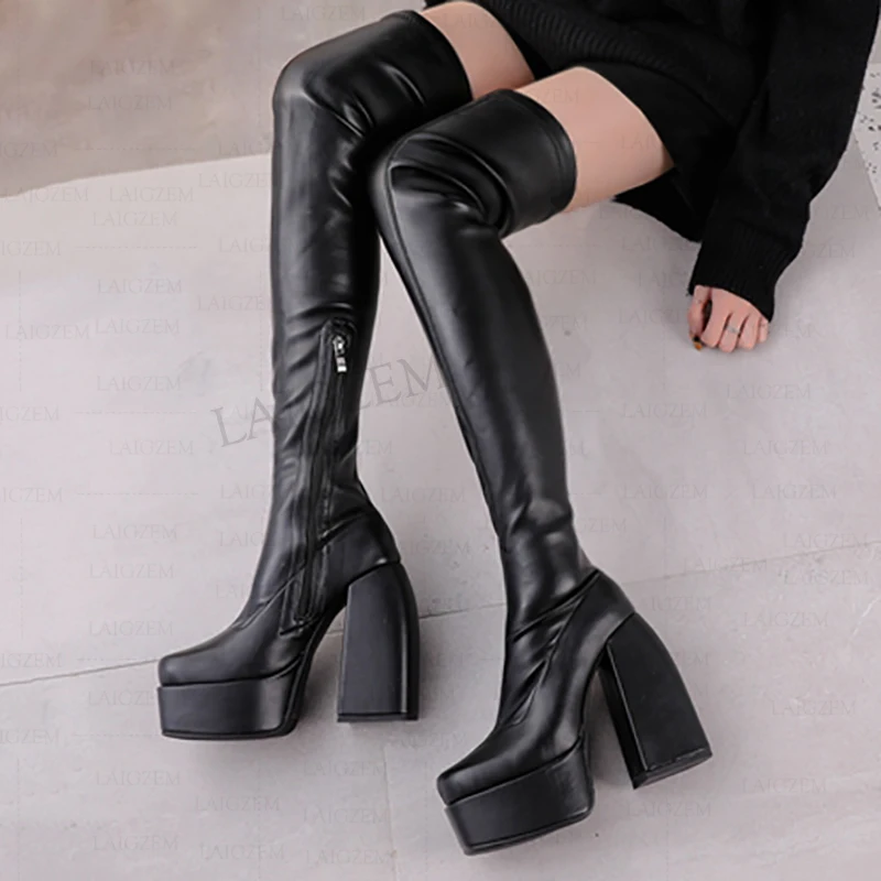 

LAIGZEM Women Over Knee High Boots Side Zip Elastic Platform Block High Heels Tall Boots Ladies Shoes Woman Big Size 33 39 41 43