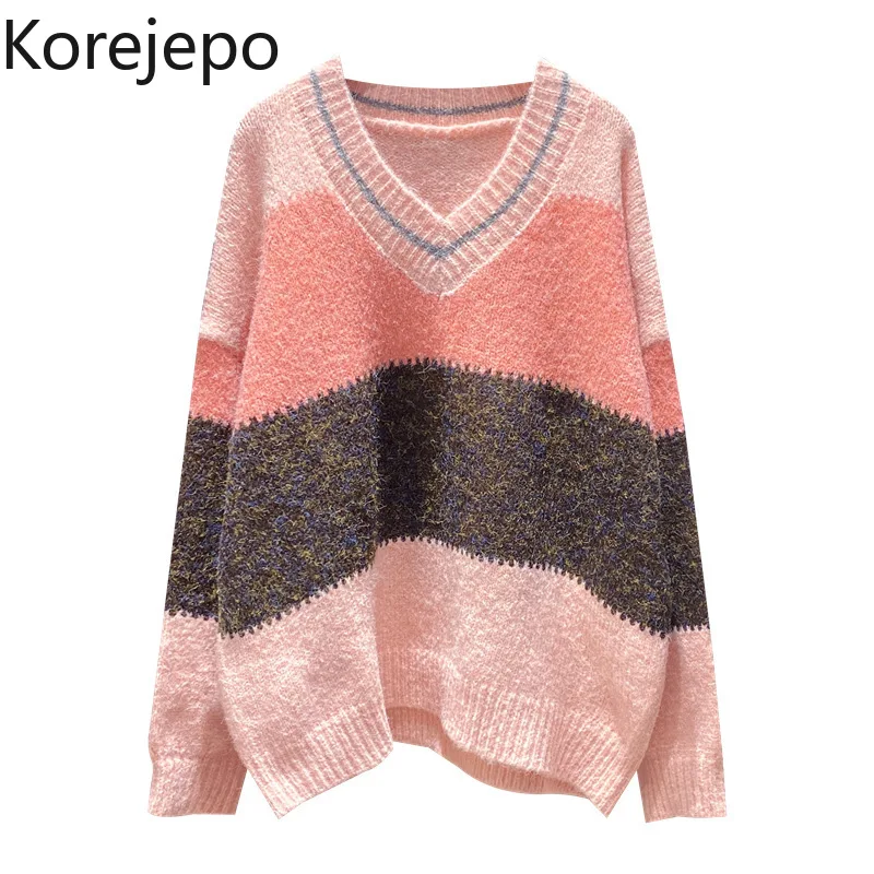 

Korejepo Women Sweater 2021 Autumn Winter Korean Chic Gentle Style Striped Color Contrast V-neck Loose Outer Wear Pullover Top