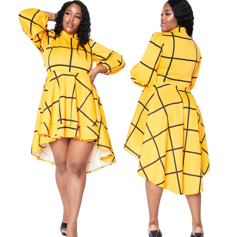 

2021 European and American Fashion Large Plaid Dress plus Size Women's Clothing New Long Sleeve Large Swing Dress Dresses Women