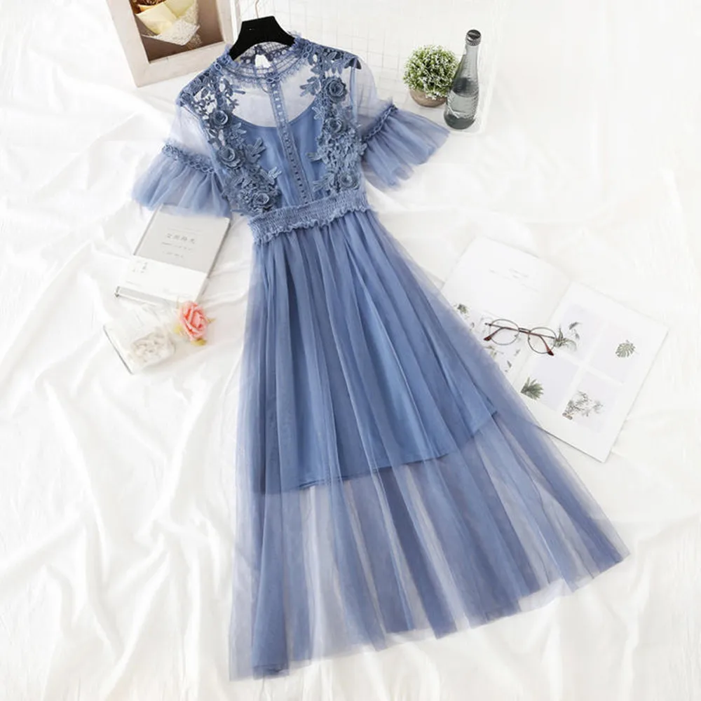 Женское Сетчатое платье SMTHMA элегантное вечернее с коротким рукавом и цветочной