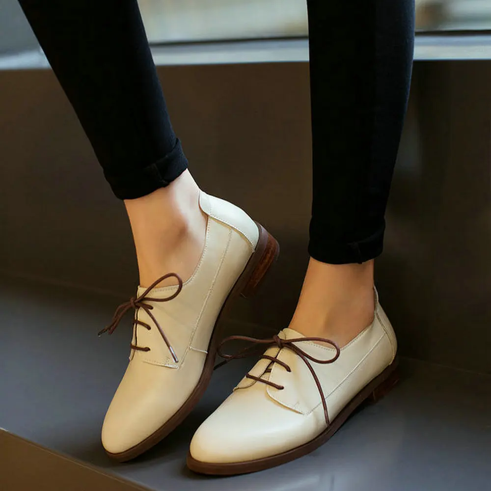 

EshtonShero Spring Women's Shoes Woman Low Heels Round Toe Genuine Leather Loafers Lace Up Apricot Ladies Casual Shoes Size 3-9