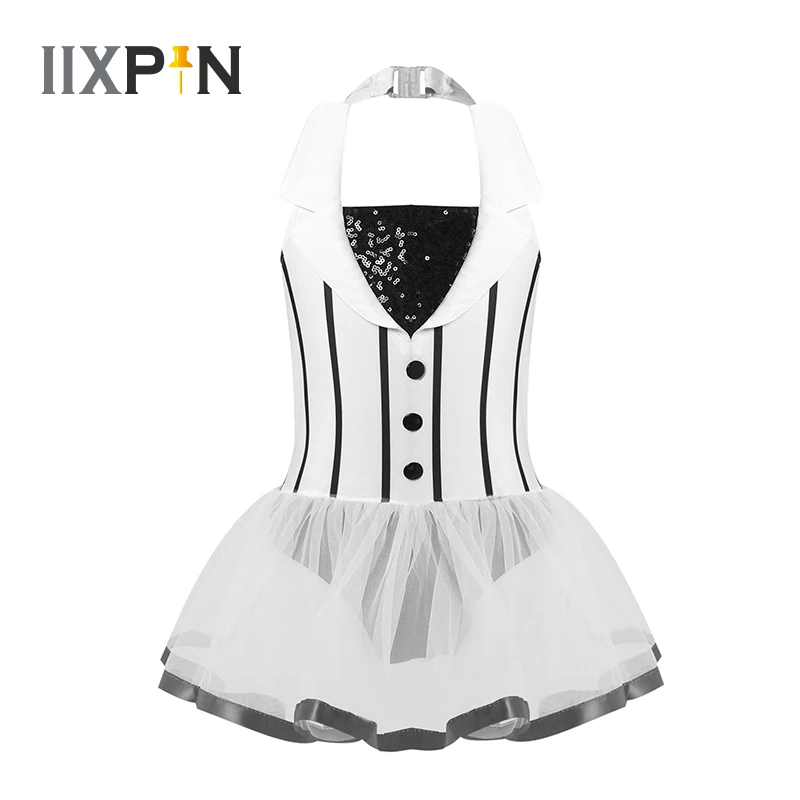 

Girls Sequins Halter Neck Jazz Dance Costumes Kids Stage Performance Modern Ballet Dance Gymnastics Leotard Mesh Dress Dancewear
