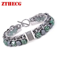 2021 new stainless steel mens bracelet fashion natural malachite stone chain beads bracelets men punk jewelry pulseira