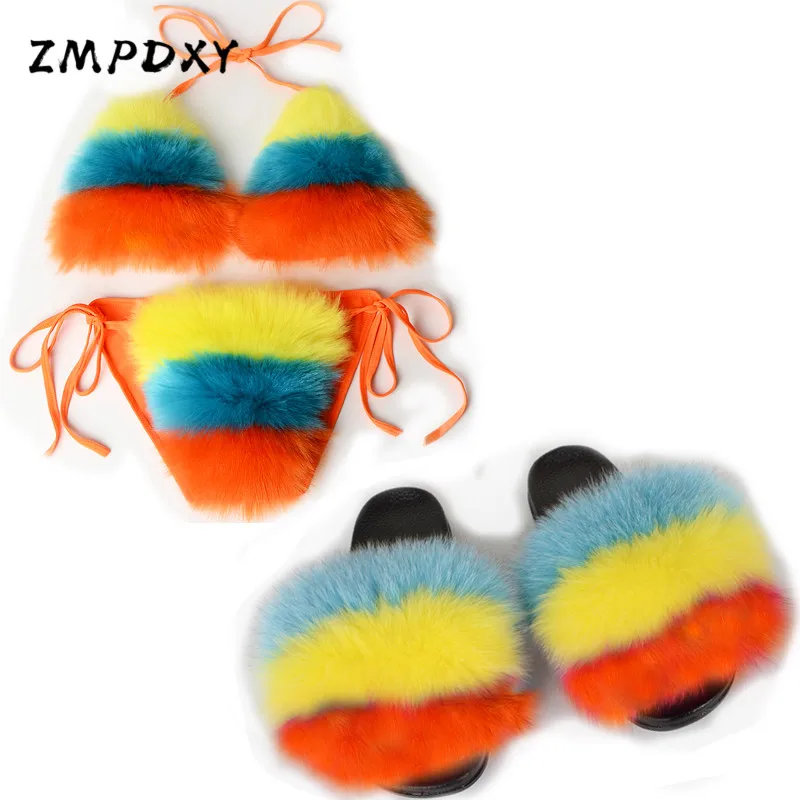 

Ladies Fox Fur Bikinis Sets Bra Women's Rainbow Raccoon Fur Slippers Sexy Biquini Swim Suit Underwear Detachable Female Sllides