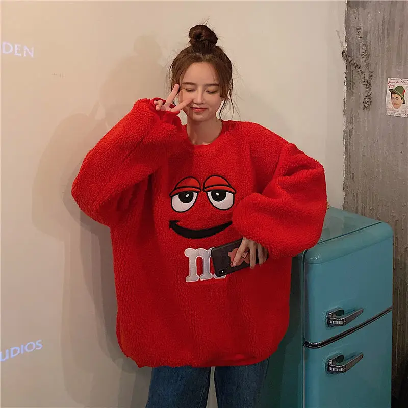 

Autumn/winter cute imitation lamb velvet sweatshirt women new college style cartoon loose pullover top ins trend casual clothes