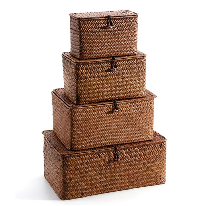 

Тканые соломенные корзины для хранения с крышкой-набор из 4-прямоугольной корзины для морских водорослей/корзины для хранения для органайз...