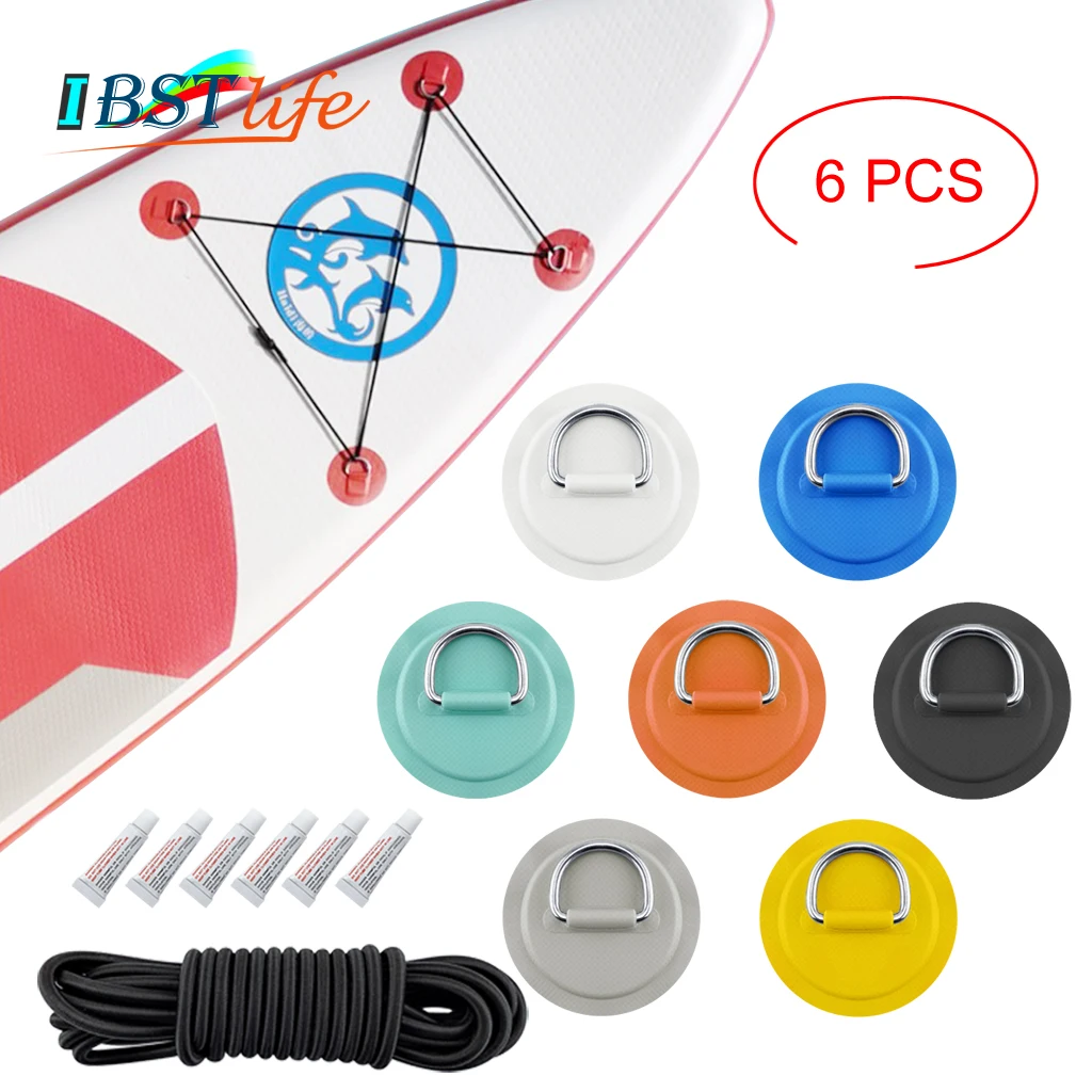 

6PCS/lot Surfboard Dinghy Boat PVC Pad Patch 5m Elastic Bungee Rope Kit With Stainless Steel D Ring Deck Rigging Sup Round Ring