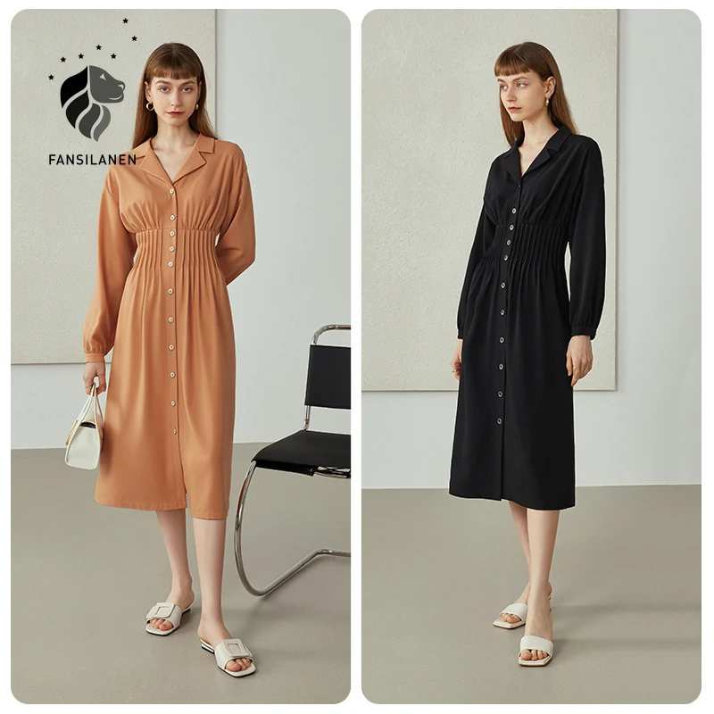 

FANSILANEN Office Lady Early Autumn 2021 Woman Dress Long Sleeve Vintage Dress Ruched Dress Solid Color Pleated Long Skirt