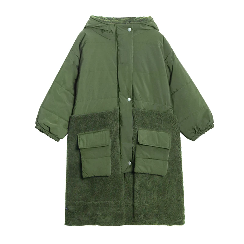 

High street Fashion Women's hooded cotton Jacket Tide brand mid-length Net red thick stitching lamb wool Coat Female Winter Coat