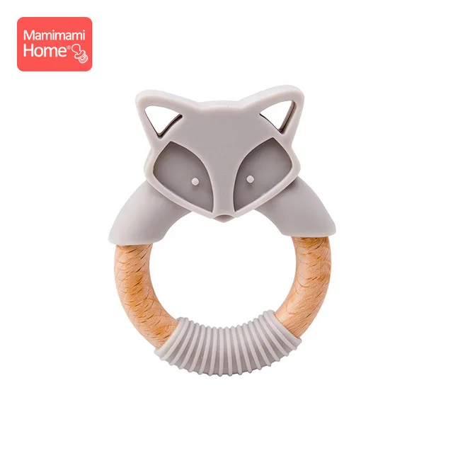 gray fox ring Mamihome Baby Wooden Teether Animal Ring Silicone Rodent Beech Wooden Blank Rabbit Ears baby products Toys Pacifier Pendant Gift - Цвет: gray fox ring