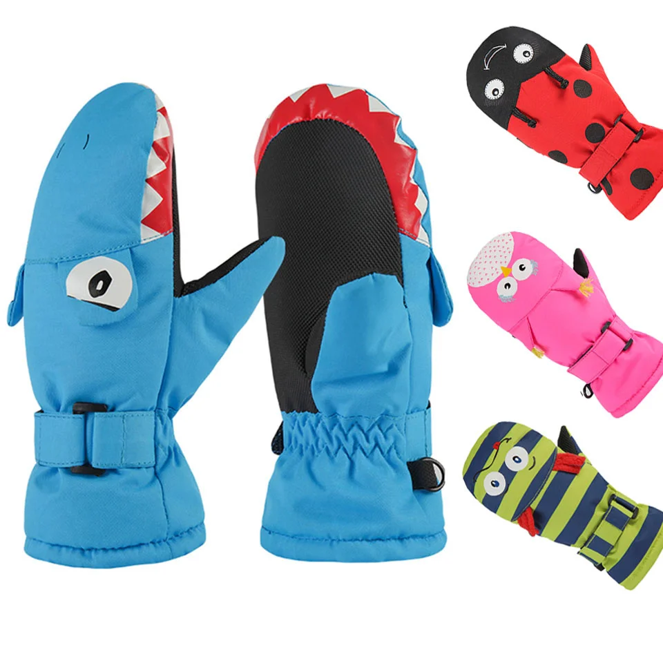 

1-10years Boys Girls Winter Warm Snowboarding Ski Kids Snow Mittens Waterproof Cartoon Printed Skiing Gloves Children