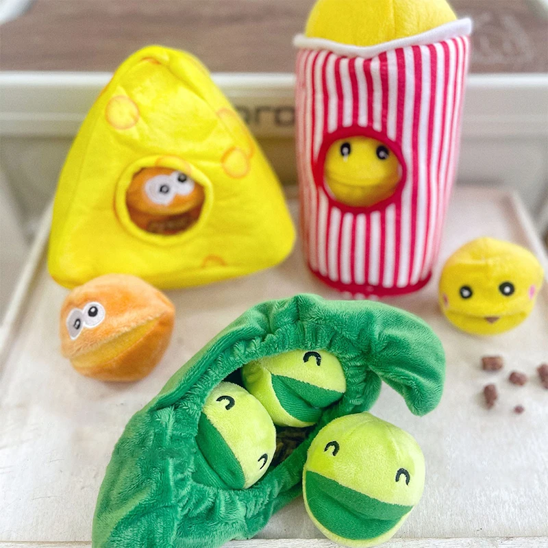 

Dog Toy Cute Plush Squeaky Popcorn Cheese Pea Hide and Seek Food Leaking Doy Supplies