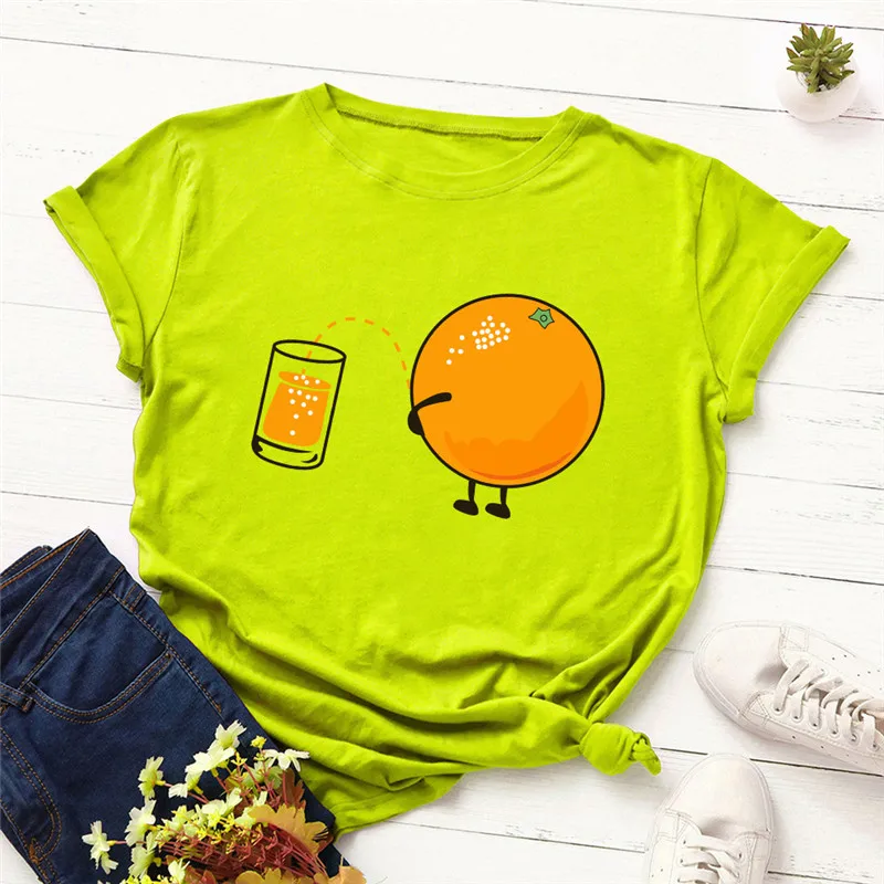

Lovely Orange Print T Shirt Women 100% Cotton Casual TShirt O Neck Short Sleeve Tees Summer T-Shirt Pink Tops