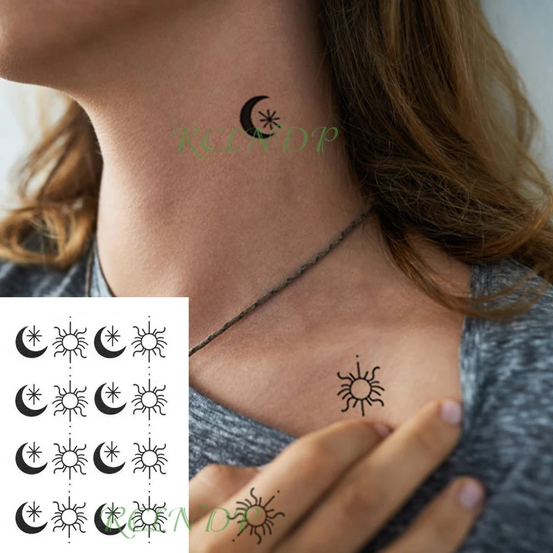 

Waterproof Temporary Tattoo Sticker Minimalist Small Sun Moon Tattoo In Hand Neck Head Body Art Fake Tattoo for Men Women Kids
