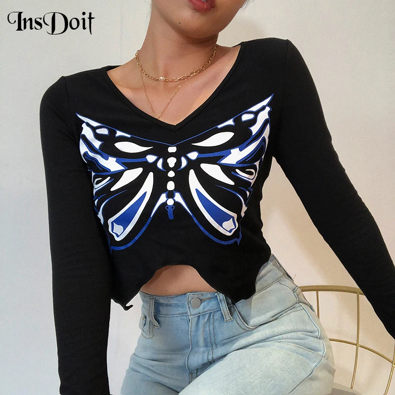 

InsDoit Gothic Butterfly Print Black Women's T-shirts Streetwear Harajuku Assymmetric Punk Y2K Tees Fashion Sexy Autumn Crop Top