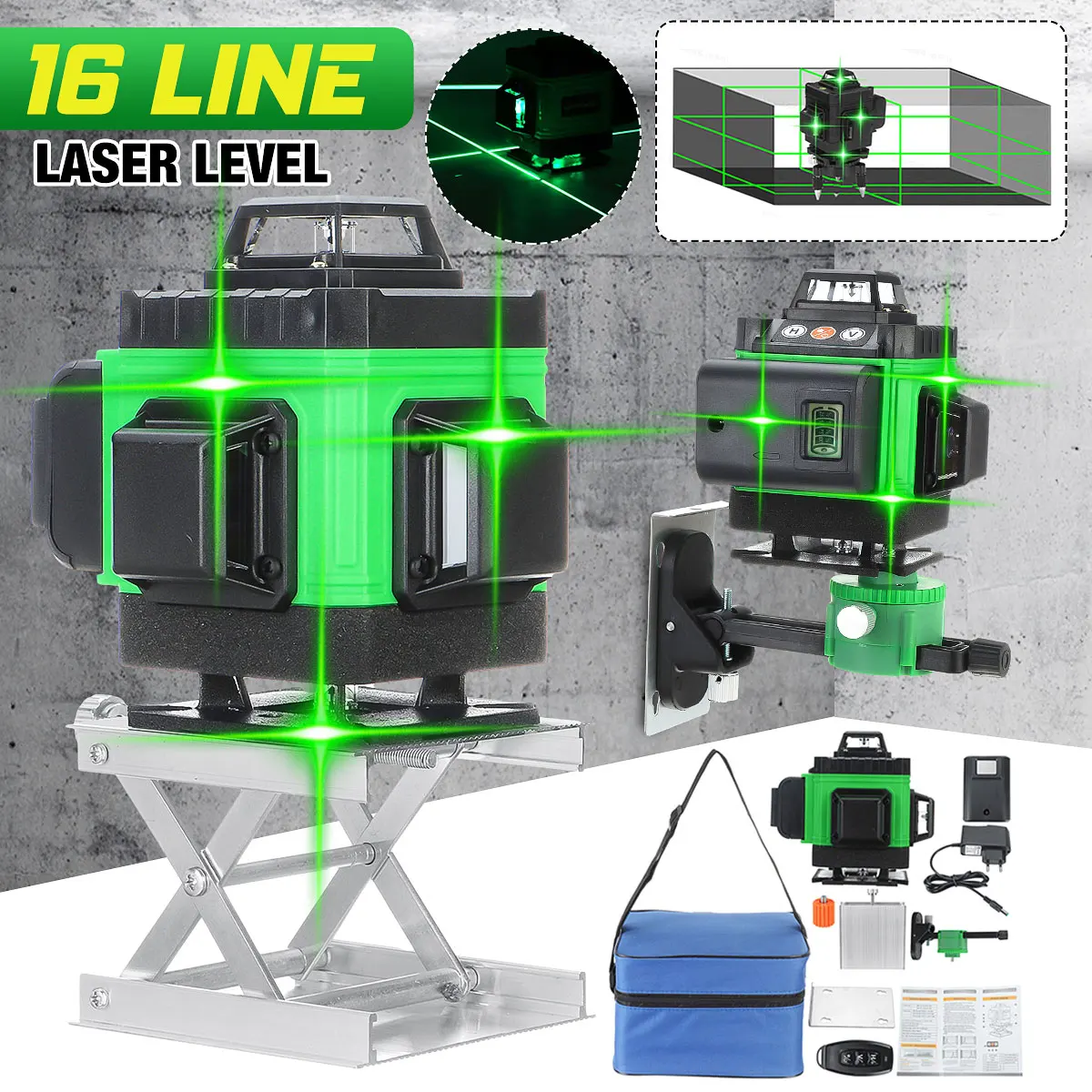 

16/12/8 Lines Laser Level 4D 360 Degree Horizontal Vertical Cross Green Light Self-Leveling Measuring Tool Powerful Laser Beam