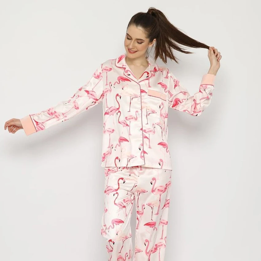 

Hiloc Flamingo Print Sleepwear Satin Patchwork Winter Two Piece Set Women Sets With Pants Trouser Suits Pocket Home Wear Pattern