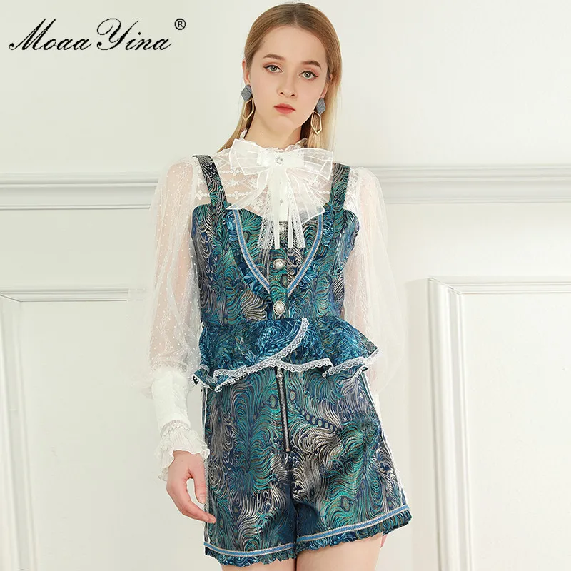 

MoaaYina Fashion Set Spring Summer Women's Lantern Sleeve Ruffles Lace Print Tops+Shorts Two-piece set
