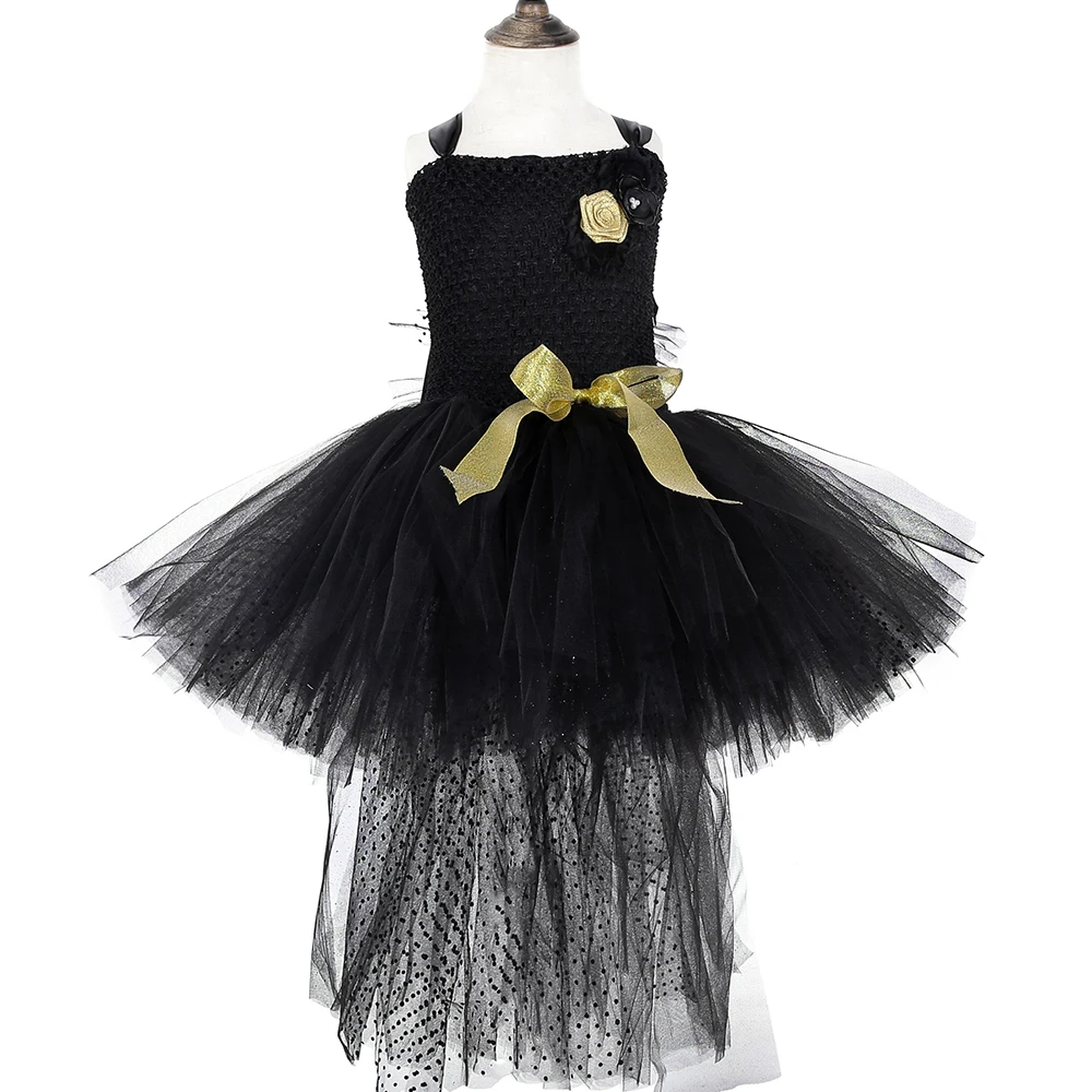 Черное платье-пачка для девочек со шлейфом золотые цветы Тюлевое платье на