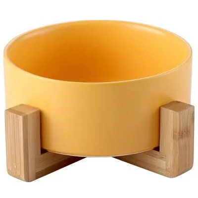 yellow Wooden shelf Керамическая приподнятая миска для кошек, основная миска для еды, воды, собаки с противоскользящей деревянной подставкой, защита шеи, суставы для домашних животных, миски для кормления, легко очищаемые - Цвет: yellow Wooden shelf