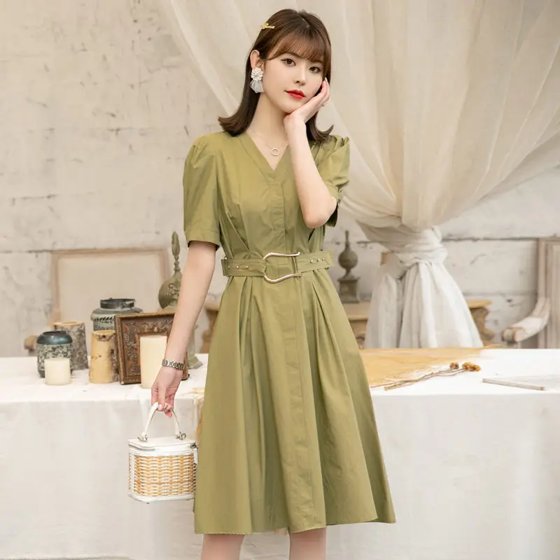 

Temperament Dress Female 2021 Summer New Korean With Belt Waist Fashion Puff Sleeve V-neck Ladies Office White Dresses aq1220