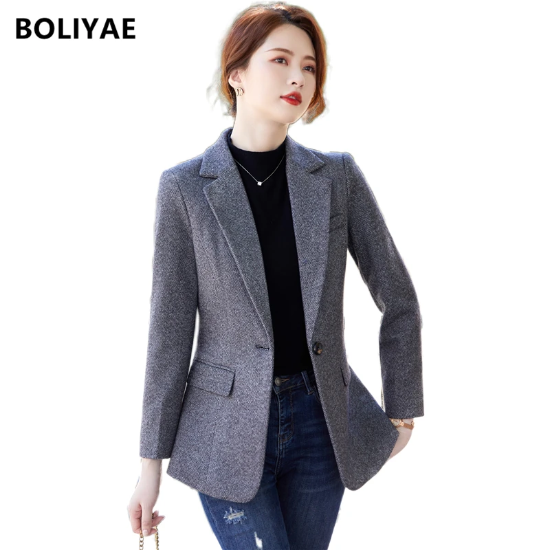 Boliyae Women Suits Coat Spring Autumn Elegant Blazers Female Long Sleeve Jackets Fashion Office Lady Casual Outerwear Chic Tops