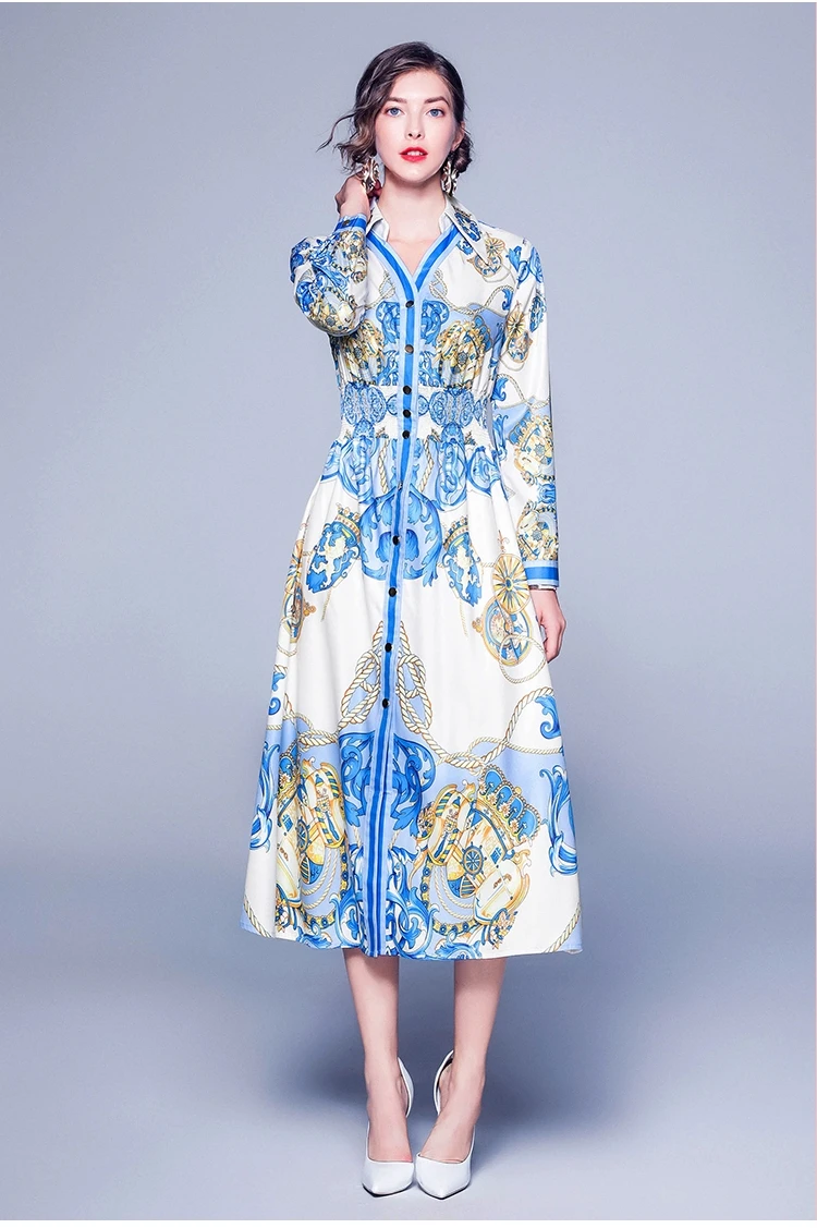 

New Elegant Vintage Women Print Single-breasted Slim Elastic Tunic Dress Office Lady V-Neck Long Sleeve Maxi Dresses Clothing