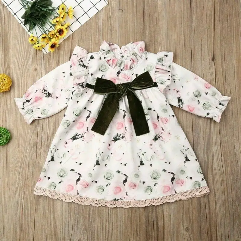 Flower Girl Princess Dress Toddler Kids Baby Ruffles Long Sleeve Print Party Wedding Pageant Floral | Детская одежда и обувь