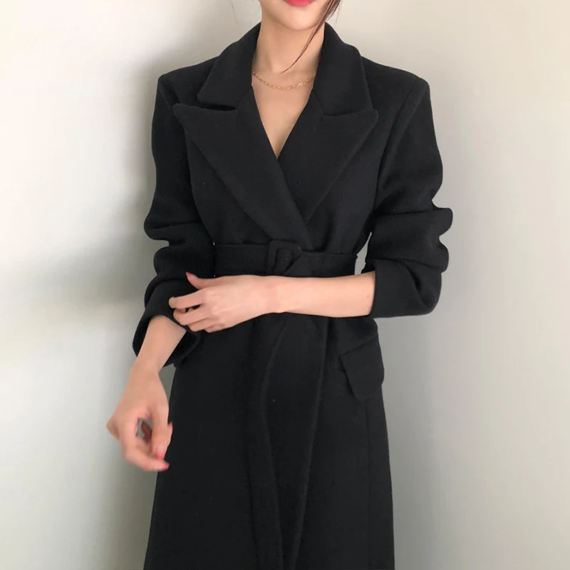 Женское Элегантное зимнее шерстяное пальто длинное Бандажное кардиган