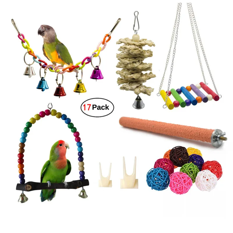 

17pcs Bird Parrot Interactive Toys Colorful Chewing Hanging Hammock Bell Pet Climbing Ladders Swing Cockatiels Cage Accessories