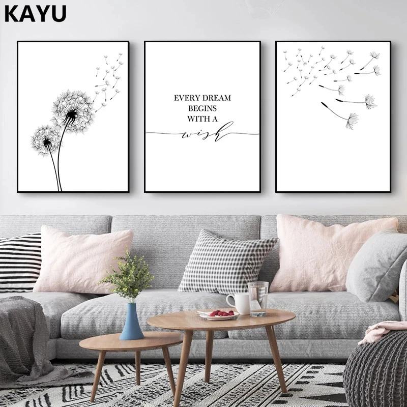 

Картина с цитатами желаний мечты, скандинавский пейзаж с одуванчиками, художественный плакат, современный настенный Декор, растения, Карти...