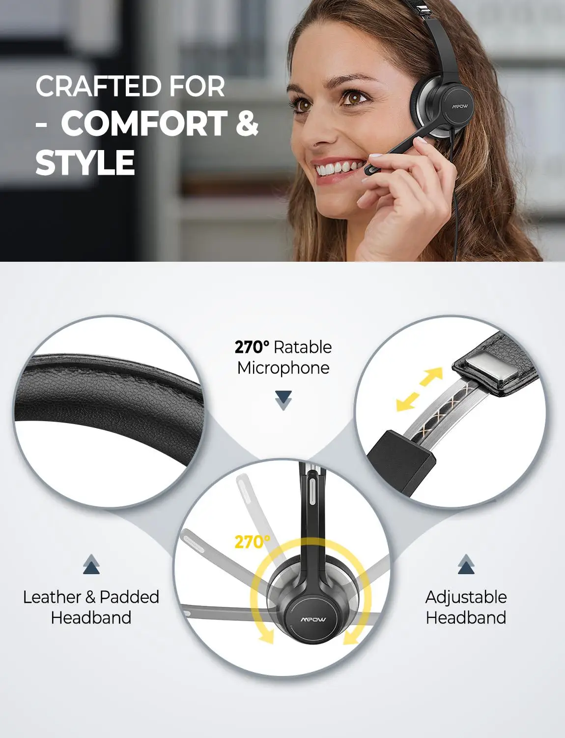 mpow hc6 office headset with mic bh328 3 5mm usb computer headset noise reduction headphone for call center skype pc cellphone free global shipping