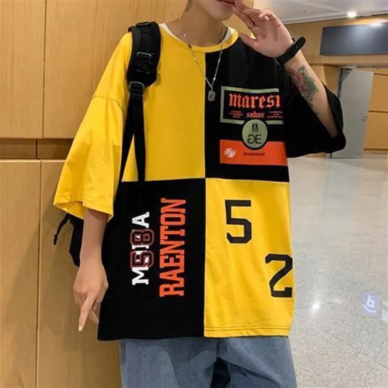 

Short sleeve T-shirt male popular logo loose collision color hip-hop seven minute sleeve top American street 2021 new T-shirt we
