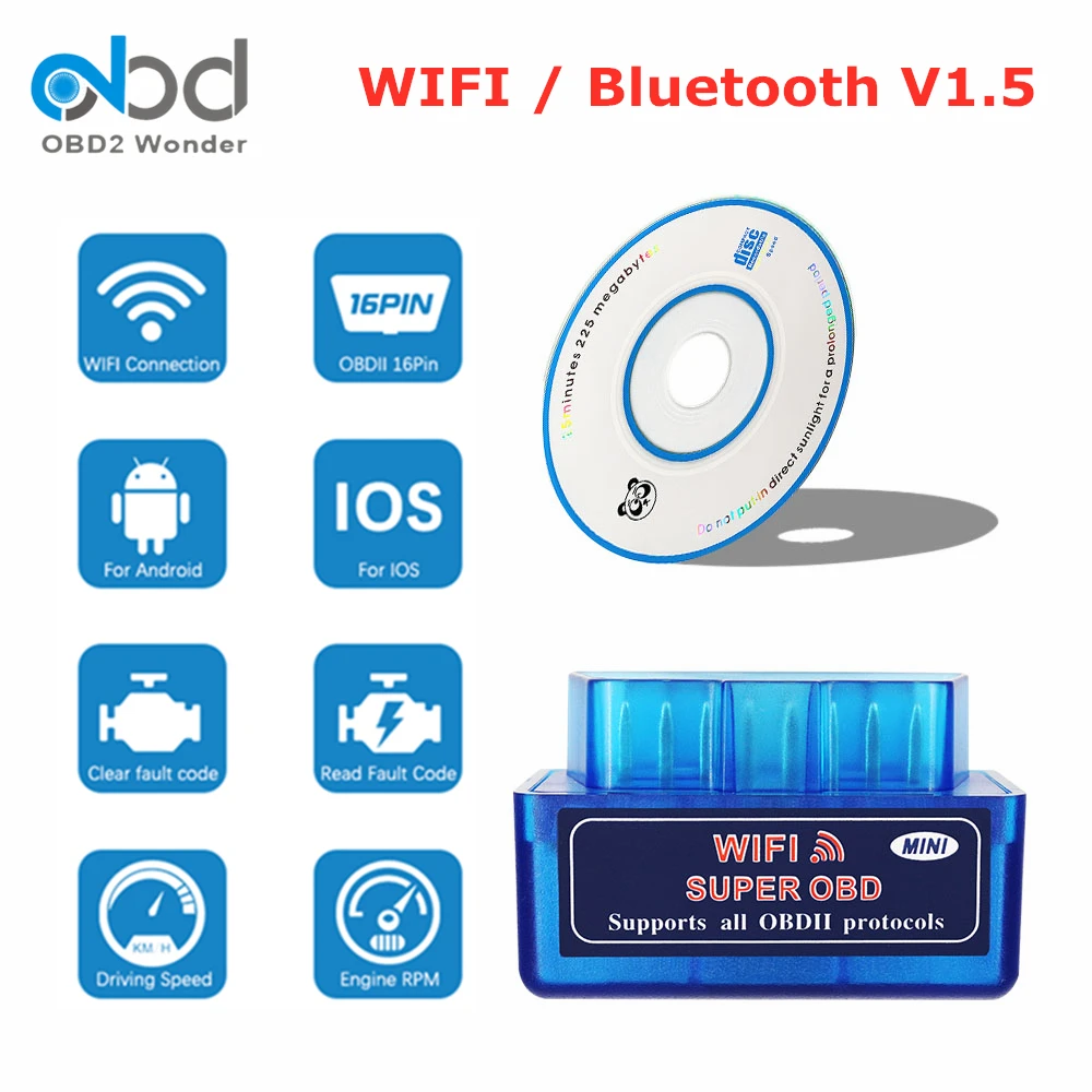 Автомобильный диагностический сканер ELM327 Bluetooth/WIFI V1.5 OBD2 поддерживает все