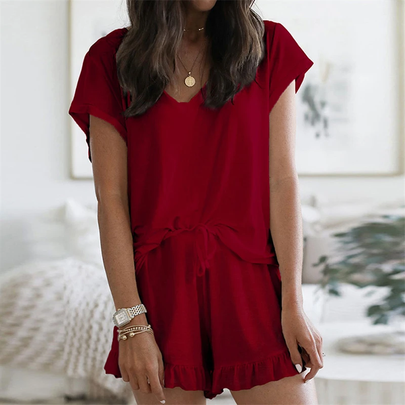

Women Pajama 2 Piece Set Summer Solid Short Sleeve T-shirt And Shorts Outfits Sleepwear Set Femme Sexy Loose Womens Tracksuit