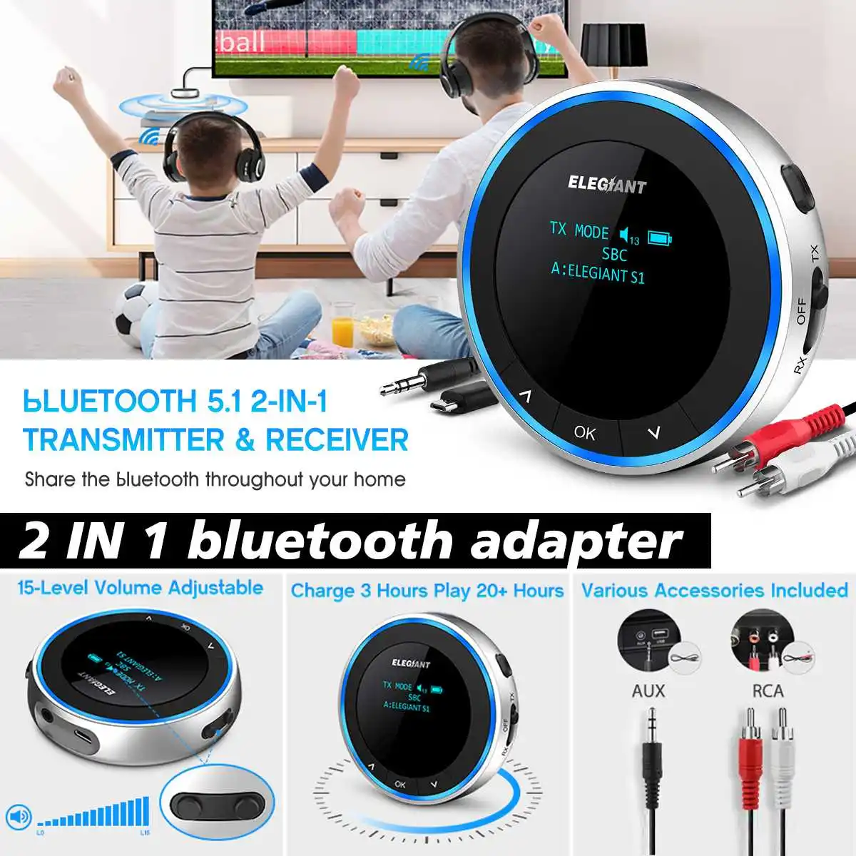 

bluetooth 5.1 Visible Transceiver Low-latency Wireless Audio Adapter with OLED Headsets to Adjust Volume Simultaneously