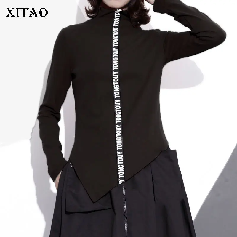 XITAO Асимметричная футболка с буквенным принтом для женщин, корейская мода, элегантная,, осенняя водолазка, тонкая, Повседневная футболка, топ WQR1862