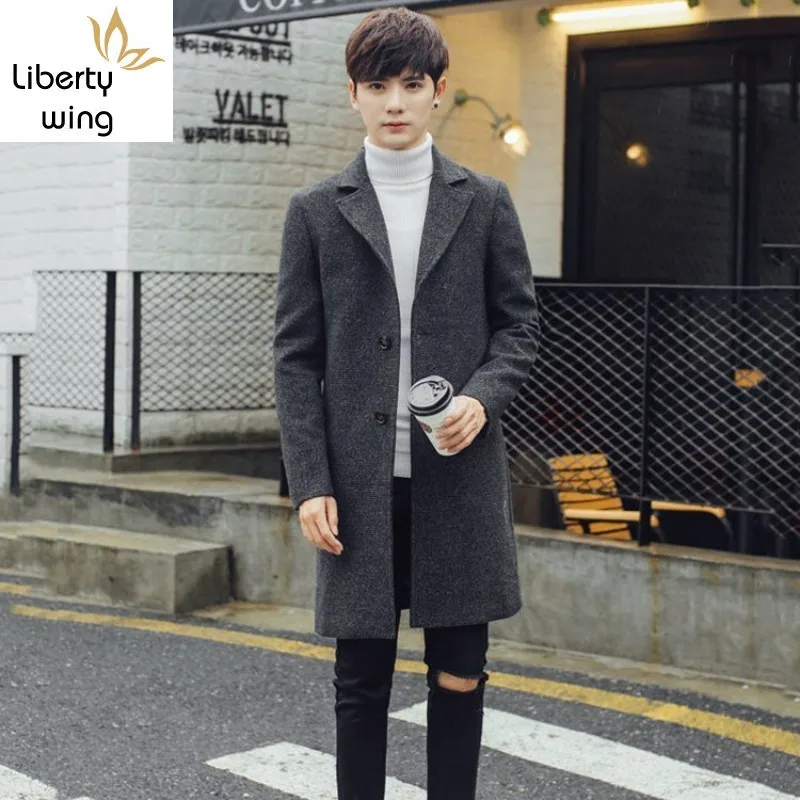 Длинное шерстяное пальто для мужчин приталенное однобортное в Корейском стиле