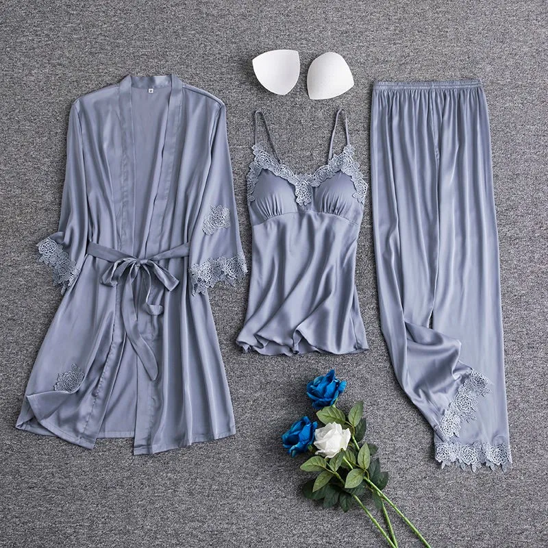 Кружева 3 шт. Атласный халат комплекты Для женщин полосатые пижамы свободные