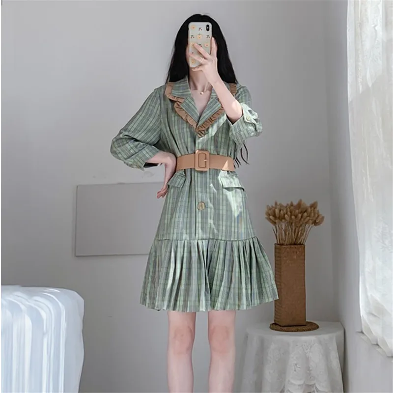 

CBAFU L-4XL ruffles plus size dress women summer dresses with belt loose green plaid pleated mini vestidos large size M422