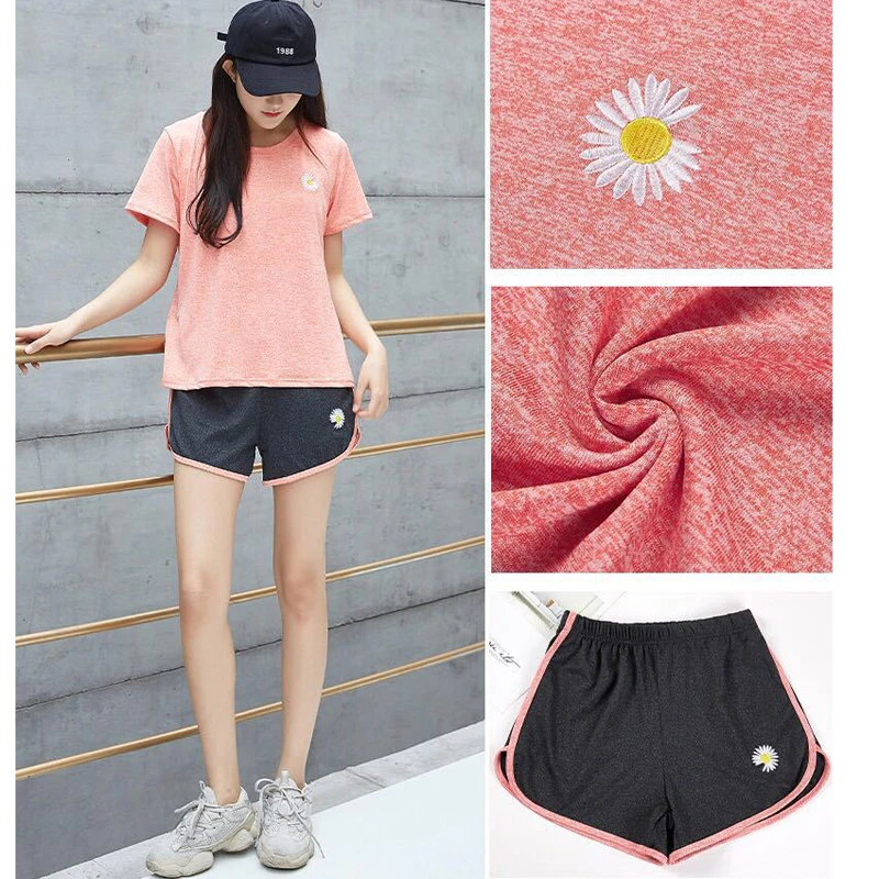 

Two Piece Set Women Floral Short Sleeve T-Shirt Shorts Sports Quick Drying Fitness Clothes Running Women Pink Tracksuit 2020