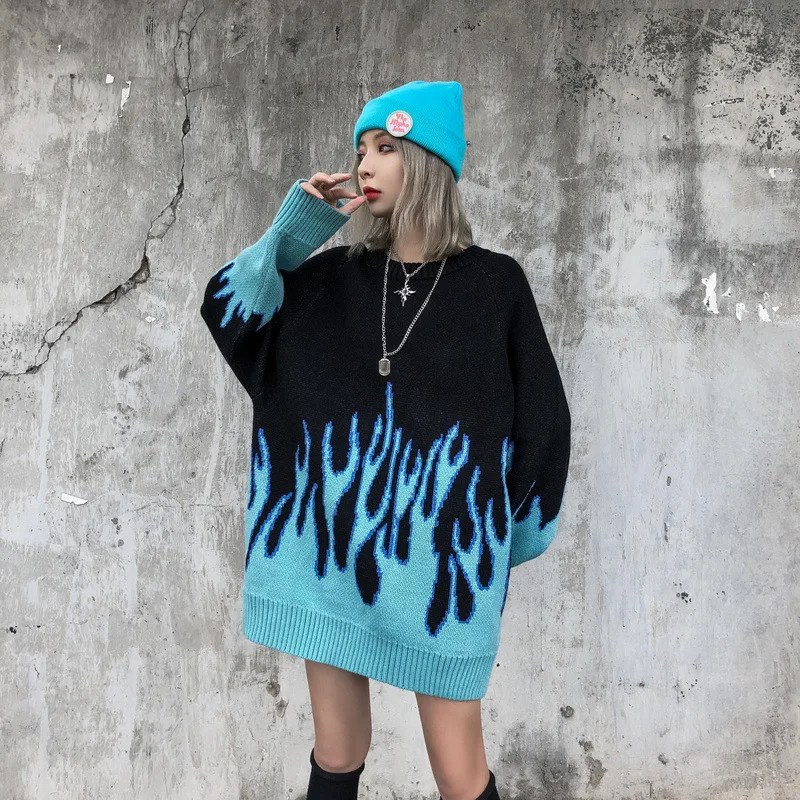 Woherb Autumn Winter Harajuku Flame Knitting Sweater Casual Women Man Unisex Pullovers Hip Hop High Streetwear Jumper | Женская одежда