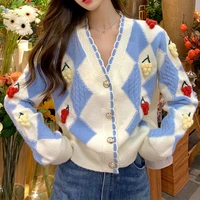 deeptown korean style aygyle knitted cropped cardigan sweater women casual v neck long sleeve jumper female winter sweet coats