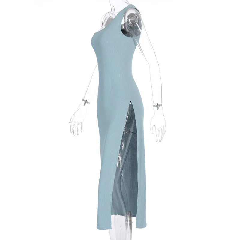 

Women Summer Style Dress 2020 New Arrivals Sexy Single Shoulder Sleeveless Split Blue Solid Party Dresses white dress