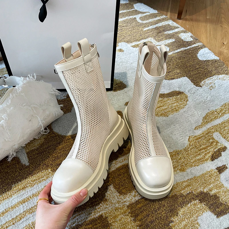 

Vintage Women Ankle Boots 2021 Summer Newest Genuine Leather Shoes Woman Heels Back Zipper Chunky Heels Summer Boots