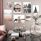 Настенная картина Снежная гора лошадь дом дерево птица пляж настенная Картина на холсте скандинавские плакаты и принты настенные картины для гостиной дома